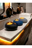 Three Drops Minimal Dekoratif Beton Tealight Mumluk 3'lü Set | Siyah-Mavi-Gri | - 1