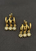 Çelik Gold Renk Üçlü Görünümlü Sallantılı Çiçekli Taşlı Kadın Küpe - 1