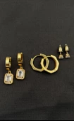 Çelik Gold Renk Taşlı 6'lı Kadın Küpe - 1
