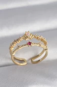 Pirinç Gold Renk Zirkon Taşlı Taç Model Kadın Yüzük - TJ-BYK3040 - 1