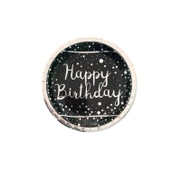 Karton Tabak Parlak Gümüş Varak Baskılı Happy Birthday (6 Adet)  Siyah - 1