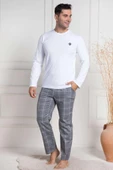 Mecit 3054 Erkek Beyaz Ekoseli Büyük Beden Pijama Takımı - 2