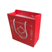 Karton İpsaplı Hediye Çantası Saray Desenli Gümüş 15X17X8 10 Adet  Kırmızı - 1