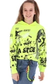 Kız Çocuk Loco Yazılı Resim Desenli Crop Model Kapüşonlu Neon Sarı Renk Sweatshirt - 3