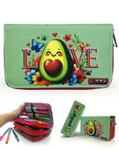 Kalem Kutusu Avakado Love Kawai Organizer Kalemkutu Vegan Deri Üç Bölmeli Kalemlik - Kırmızı thumbnail 1