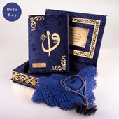 Şal + Tesbih + Kuran Hediye Seti (Orta Boy, ElifVav, Gold Pleksi, Raşel Kutu, Lacivert) thumbnail 1