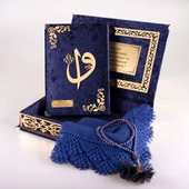 Şal + Tesbih + Kuran Hediye Seti (Orta Boy, ElifVav, Gold Pleksi, Raşel Kutu, Lacivert) thumbnail 2