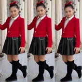 uğurböceğiçocuk Deri Kloş Etekli Dabıl Ceket 4'lü Kız Çocuk Takım - 2