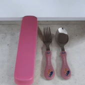 2'li Çocuk Çatal Kaşık Seti Figürlü Pembe Çocuk Çatal Kaşık Seti Kutulu Bebek Mama Seti - 3