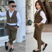 uğurböceğiçocuk Yeleki Şalvar Pantolon Görünümlü 3'lü Unisex Çocuk Takım - 7