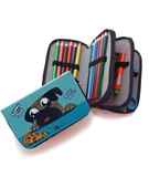 Kalem Kutusu Sevimli Köpek Kawai Organizer Kalemkutu Vegan Deri Üç Bölmeli Kalemlik Siyah thumbnail 3