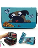 Kalem Kutusu Sevimli Köpek Kawai Organizer Kalemkutu Vegan Deri Üç Bölmeli Kalemlik Siyah thumbnail 1