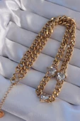 316L Çelik Gold Renk Zirkon Taşlı Kalp Model Zincir Kolye - TJ-BKO8949 - 2
