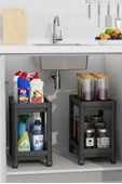 Mithra Life 2 Adet 2 Katlı Tekerlekli Tezgah Altı Siyah Banyo Mutfak Rafı MIT1122 - 2