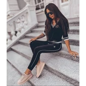 Lucky Life Kadın Uzun Kollu V Yaka Yakası Ve Kol Ağzı şerit Detay Kadife Takım - 1