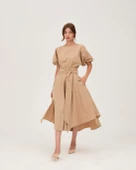 Poplin Kemerli Midi Elbise Bej - 1