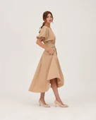 Poplin Kemerli Midi Elbise Bej - 3