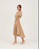 Poplin Kemerli Midi Elbise Bej - 2
