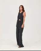 Yırtmaç Düğme Detaylı Geniş Paça Pantolon Füme - 2