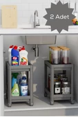 Mithra Life 2 Adet 2 Katlı Tekerlekli Tezgah Altı Gri Banyo Mutfak Rafı MIT1124 - 1
