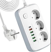 Akım Korumalı 3'lü Grup Priz, 1,5 Metre Kablo, 4 USB, Type-C 20W, 2500W, 16A, Termal Koruma, Çocuk K - 1