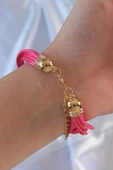 Pembe Renk Zirkon Taşlı Metal Aksesuarlı İpli Çoklu Bileklik - TJ-BB6357 - 2