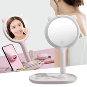 Kedi Kulaklı Telefon Standlı Yuvarlak Dokunmatik Led Ayarlı Masa Üstü Makyaj Aynası - 1