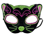 Siyah Kadife Kaplama Üzeri Pembe Yeşil Sim İşlemeli Kedi Maskesi 20x13 cm thumbnail 1