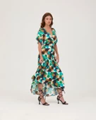 Saten V Yaka Fırfırlı Elbise Multi Geometrik Desen thumbnail 3