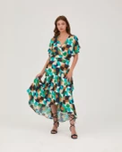 Saten V Yaka Fırfırlı Elbise Multi Geometrik Desen thumbnail 1