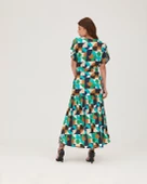 Saten V Yaka Fırfırlı Elbise Multi Geometrik Desen thumbnail 4