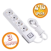 Kablolu 4'lü Topraklı Grup Priz Fiş Çoğaltıcı 3 Metre Çoklu Uzatma Kablosu Anahtarlı Kablolu - 1
