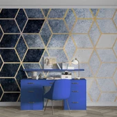 Lacivert Beyaz Geometrik Mermer Desenli Duvar Kağıdı - 4