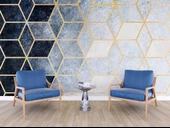 Lacivert Beyaz Geometrik Mermer Desenli Duvar Kağıdı - 6