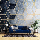 Lacivert Beyaz Geometrik Mermer Desenli Duvar Kağıdı - 1