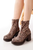 Kahve Leopar Fermuarlı Kalın Topuklu Günlük Kadın Bot - 1