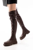 Kahverengi Fermuarlı Diz Üstü Bağcıklı Çorap Günlük Kadın Çizme thumbnail 4