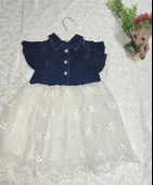 2-3-4 Yaş Astarlı Brode Etekli Kot Kumaş Düğmeli Kız Çocuk Elbisesi - 2