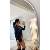 Lucky Life Kadın Uzun Kollu Bisiklet Yaka Yandan Büzgülü Kısa Deri Elbise - 5