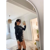 Lucky Life Kadın Uzun Kollu Bisiklet Yaka Yandan Büzgülü Kısa Deri Elbise - 1