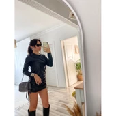 Lucky Life Kadın Uzun Kollu Bisiklet Yaka Yandan Büzgülü Kısa Deri Elbise - 3