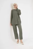 Uzun Kollu Organik Yıkanmış Kumaş Fitilli Pantolonlu Takım - Haki thumbnail 2