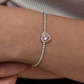 Gümüş Pembe Taşlı Kalpli Su Yolu Bileklik - 1