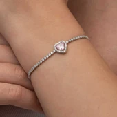 Gümüş Pembe Taşlı Kalpli Su Yolu Bileklik - 2