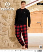 Pijamoni Erkek Düğme Yaka Kışlık Polar Pijama Takımı 6100/7 - 1 Adet  Siyah 2XL - 2