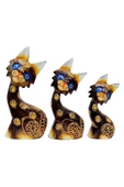 Ahşap Aborjin Üçlü Kedi Dekoratif Biblo No.1 16 cm - 6