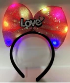 Led Işıklı 3 Farklı Fonksiyonda Yanan Gümüş Love Yazılı Fuşya Pembe Fiyonk Taç 20x17 Cm - 1