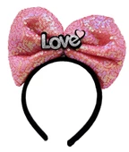 Led Işıklı 3 Farklı Fonksiyonda Yanan Gümüş Love Yazılı Fuşya Pembe Fiyonk Taç 20x17 Cm - 2