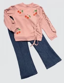 4-5-6 Yaş Kot Pantolonlu Kiraz Desenli Penye Sweat Uzun Kollu 2li Kız Çocuk Takımı - 1