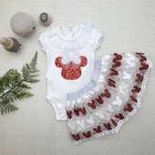 1-2-3 Yaş Payetli Mickey Nakışlı  Kısa Kollu Brode Etekli 2li Kız Bebek Takımı - 1